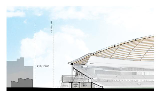 Section through Evans Street. Macquarie Point Stadium designs. Picture: Supplied