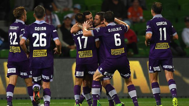 Perth Glory celebrate Joel Chianese’s goal.