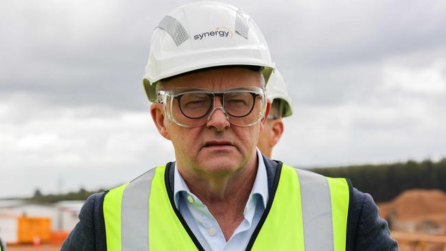 Anthony Albanese at Collie Power Station in Western Australia on Sunday where he went on the attack against the Coalition’s nuclear strategy. Picture: Colin Murty