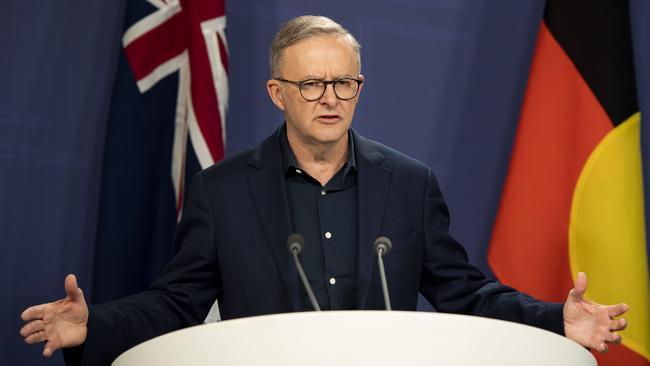 Anthony Albanese speaking at a press conference in 2022 with Minister for Indigenous Australians Linda Burney. Picture: NCA NewsWire / Monique Harmer