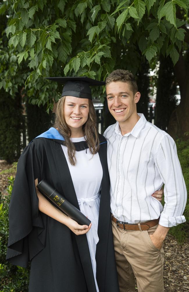 Graduate Nadia Corbett with partner Nick Hamblin at a UniSQ graduation ceremony at Empire Theatres, Tuesday, February 13, 2024. Picture: Kevin Farmer