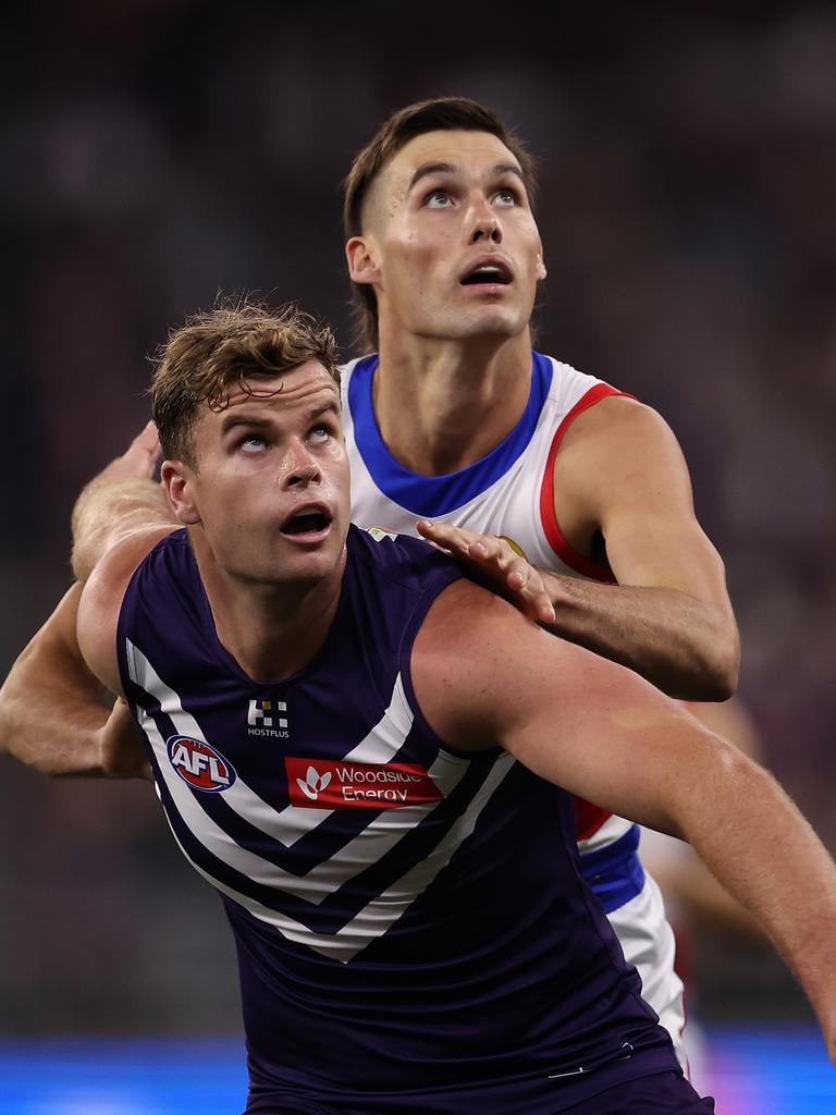 Sam Darcy (right) goes up against Freo’s Sean Darcy. (Photo by Paul Kane/Getty Images)