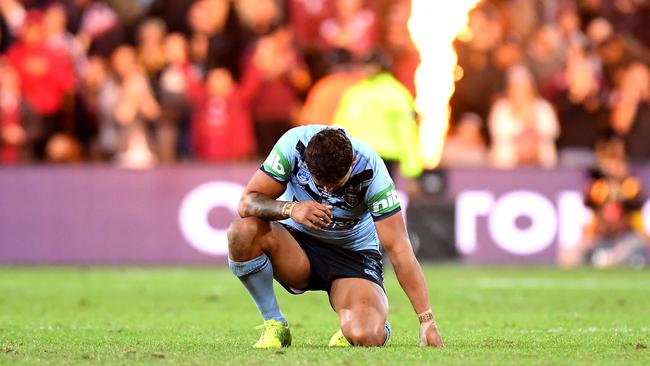 Latrell Mitchell was far from his damaging best against Queensland in Origin I. Picture: Bradley Kanaris/Getty Images