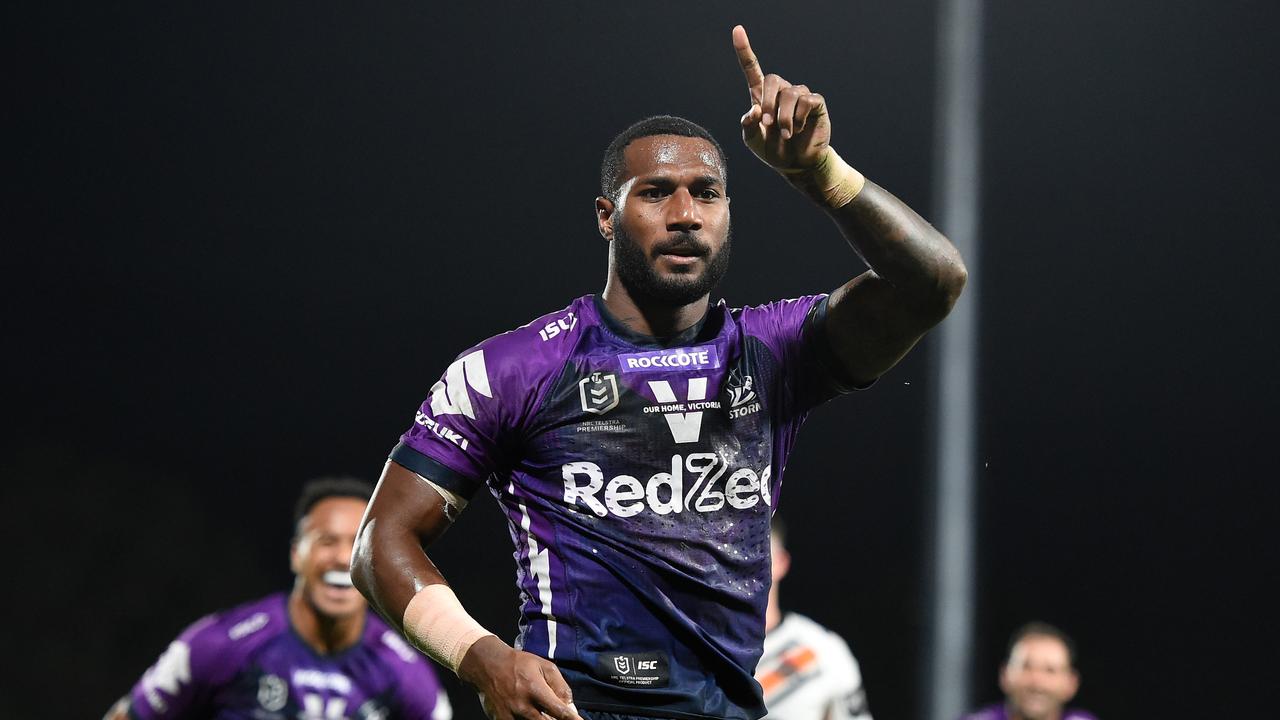 SUNSHINE COAST, AUSTRALIA - SEPTEMBER 19: Suliasi Vunivalu of the Storm celebrates scoring a try during the round 19 NRL match between the Melbourne Storm and the Wests Tigers at Sunshine Coast Stadium on September 19, 2020 in Sunshine Coast, Australia. (Photo by Matt Roberts/Getty Images)