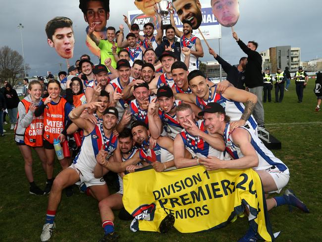 West Preston-Lakeside celebrates its 2019 premiership. Picture: Hamish Blair