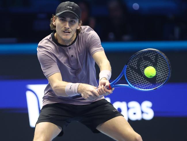 Turin, Italy - November 14: Jordan Thompson of Australia controls the ball during the doubles match between Marcel Granollers of Spain and Horacio Zeballos of Argentina against Max Purcell of Australia and Jordan Thompson of Australia on day five of the Nitto ATP finals 2024 at Inalpi Arena on November 14, 2024 in Turin, Italy. (Photo by sportinfoto/DeFodi Images via Getty Images)