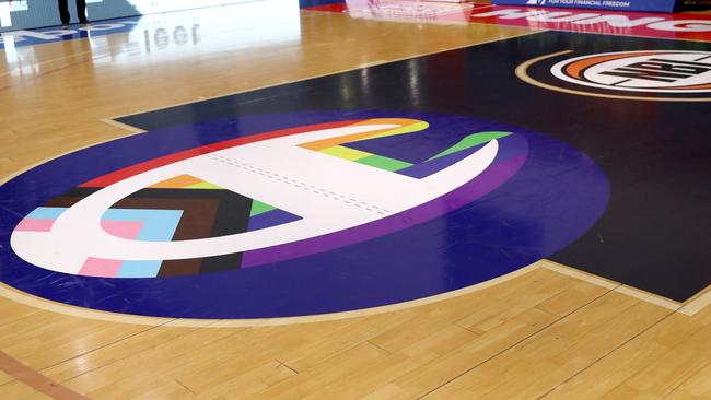 The Champion Pride Progress flag x ‘C’ logo on the State Basketball Centre court last season. (Photo by Kelly Defina/Getty Images)