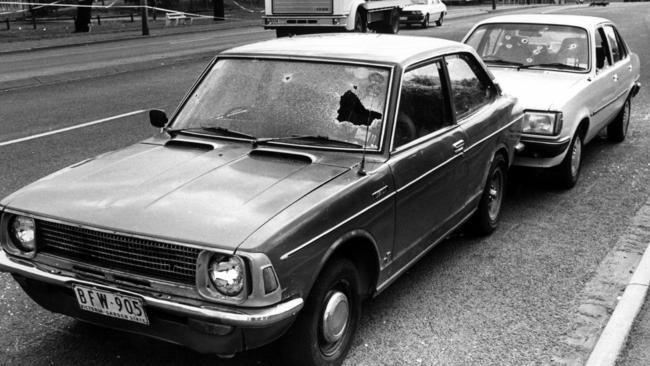 Cars damaged by gunshots during Julian Knight’s Hoddle St spree.