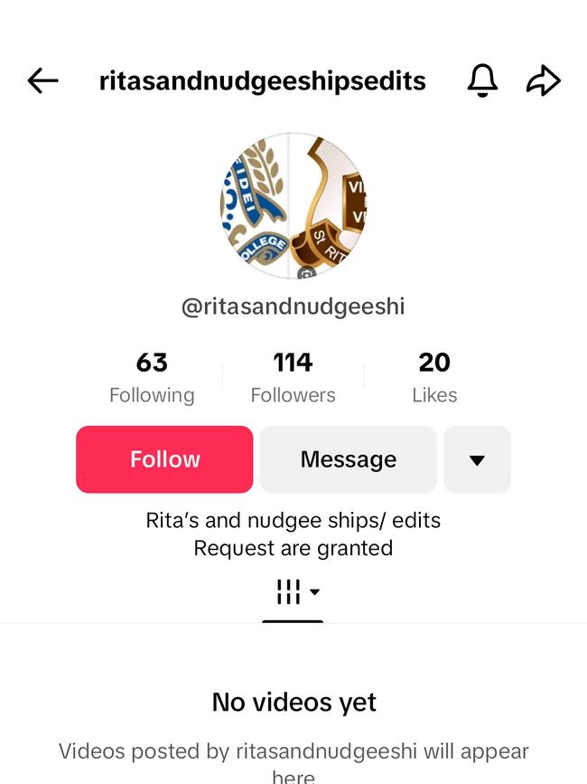 An account was created on TikTok to speculate relationships between St Rita’s College and St Joseph’s Nudgee College students. Picture: TikTok