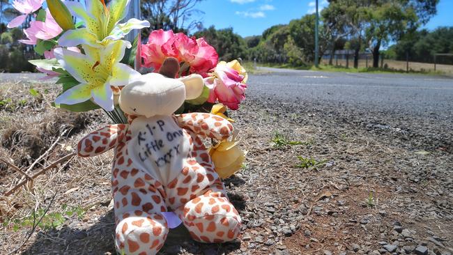 Flowers and a toy left at the corner of Smiths Beach Road and Back Beach Road the scene of a fatal car crash. Picture: Hamish Blair