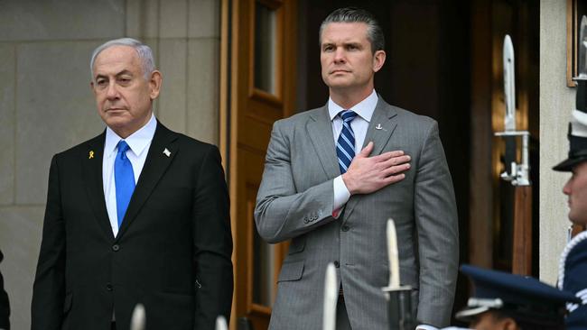 US Secretary of Defence Pete Hegseth, right, welcomes Israeli Prime Minister Benjamin Netanyahu to the Pentagon. Picture: AFP