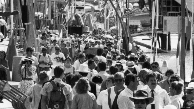 Crowds on the riverwalk at Expo 88 for the opening ceremony.