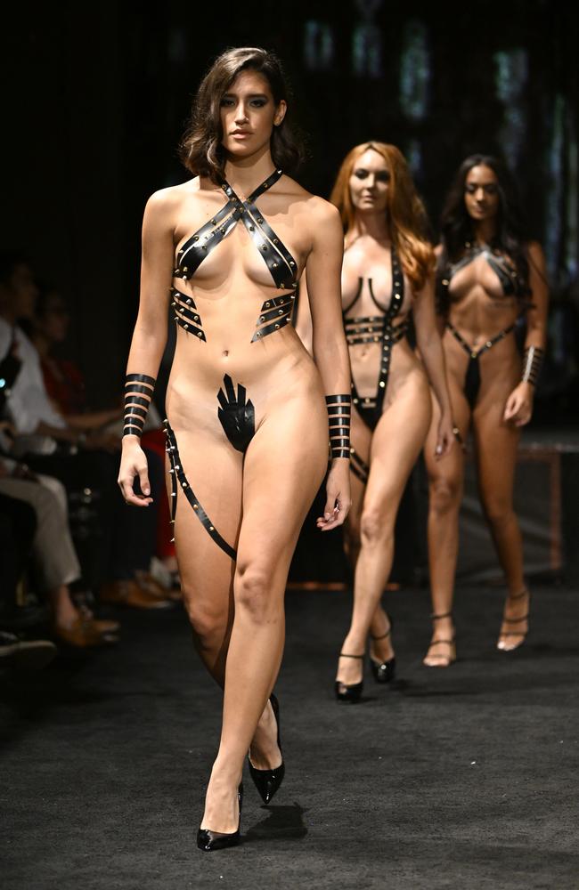 A model wearing a duct tape bikini suffered an unfortunate wardrobe malfunction at NYFW. Picture: Arun Nevader/Getty Images