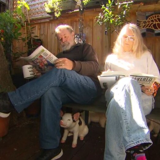 Ian and Roz fear their home could be crushed by giant jacaranda. Picture: A Current Affair.