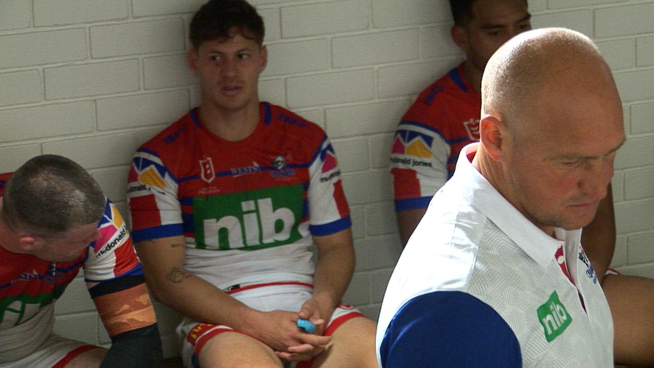 Kalyn Ponga looks dejected in the Knights sheds.