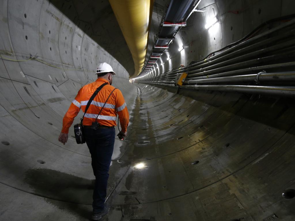 Underground in the North West Rail Link tunnel near Bella Vista. The North West Rail Link is underway and TBM Elizabeth has cut through 1092metres of earth travelling East from Bella Vista. Picture: Bradley Hunter