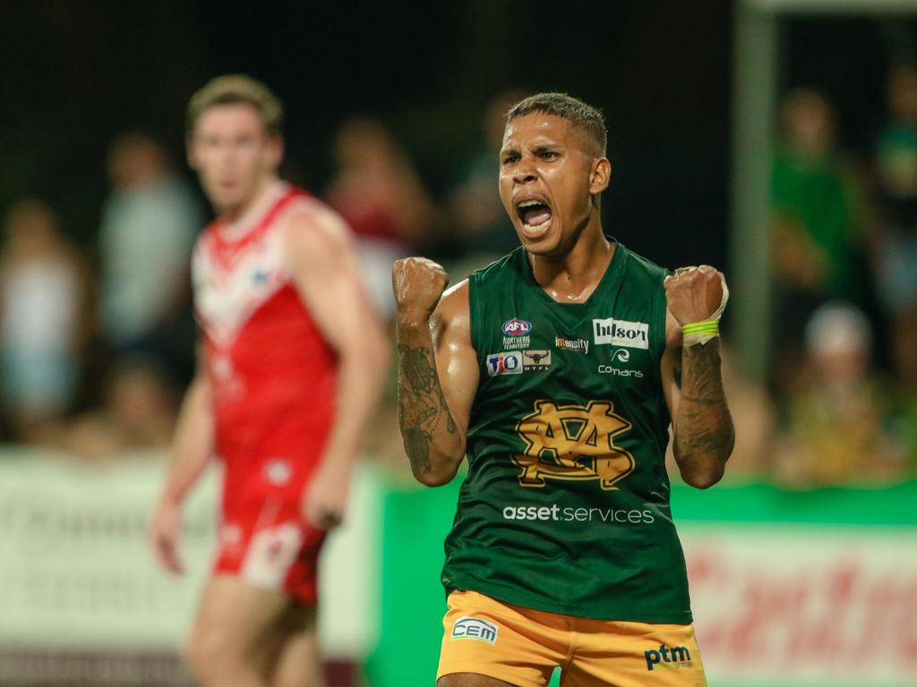 Nick Yarran celebrates scoring in the NTFL grand final. Picture: Glenn Campbell