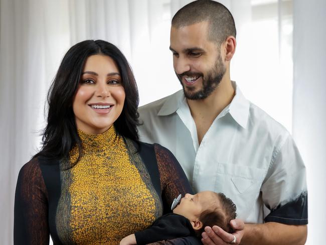 The family of Martha Kalifatidis and Michael Brunelli, with their baby Lucius, are the faces of the Bonds Baby Search. Picture: Ian Currie