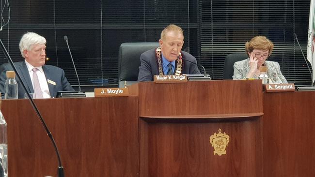 Tea Tree Gully mayor Kevin Knight and chief executive officer John Moyle as Mr Knight apologises for shouting at election rival Paul Barbaro during a council meeting. Picture: Colin James