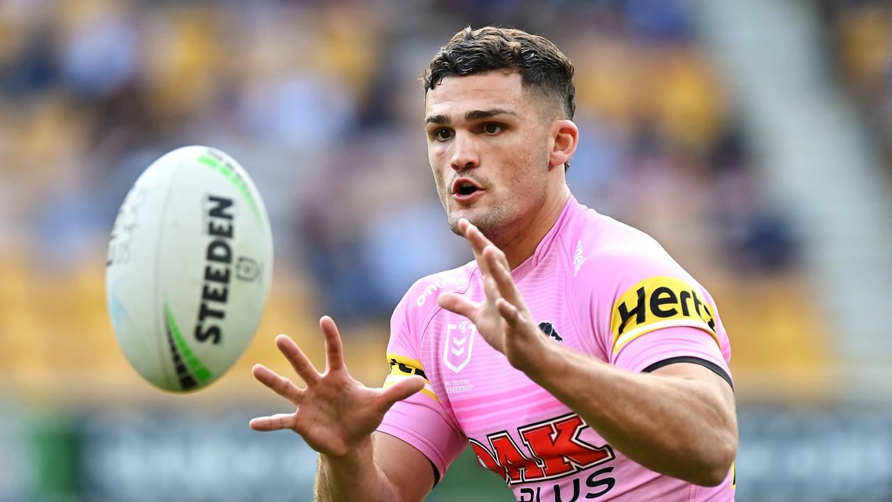 BRISBANE, AUSTRALIA - SEPTEMBER 25: Nathan Cleary of the Panthers catches a pass during the warm-up before the NRL Preliminary Final match between the Melbourne Storm and the Penrith Panthers at Suncorp Stadium on September 25, 2021 in Brisbane, Australia. (Photo by Bradley Kanaris/Getty Images)