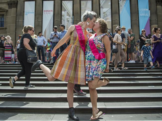 Melbourne: Brides to be Kelly Mckenzie and Kristy Albion will be getting married as soon as it is legalised. Picture: Jason Edwards