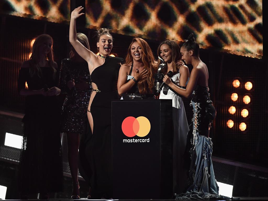 Perrie Edwards, Jesy Nelson, Jade Thirlwall and Leigh-Anne Pinnock of Little Mix receive the award for Best British Single on stage at The BRIT Awards 2017 at The O2 Arena on February 22, 2017 in London, England. Picture: Getty