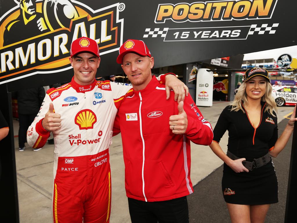 Scott McLaughlin celebrates after getting pole position after the top 10 shootout. 2019 Supercheap Auto Bathurst 1000, the pinnacle of the Virgin Australia Supercars Championship. #17 Shell V-Power Racing Scott McLaughlin/Alex Premat, Ford Mustang GT. Picture Rohan Kelly