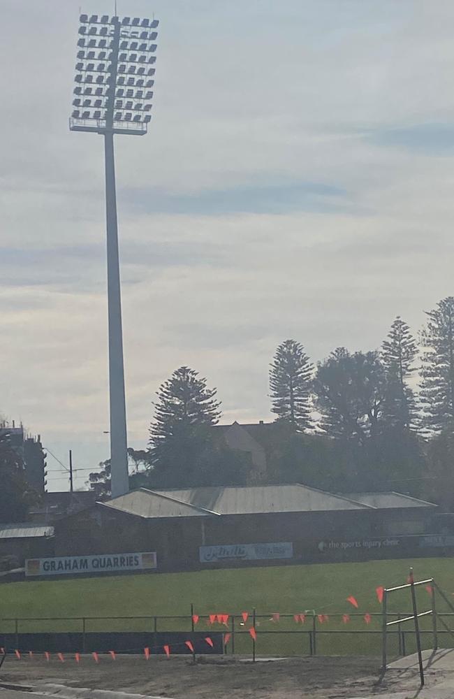 The first light tower is up at SkyBus Stadium. Picture: Michael Robinson.