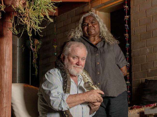 16-10-2023 - Jacinta Nampijinpa PriceÃ¢â¬â¢s parents Dave and Bess Price at their home in Alice Springs with pet python Bluey on Monday evening. Picture: Liam Mendes / The Australian