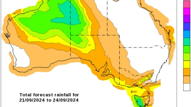 Total forecast rainfall for the country from Saturday to Tuesday. Picture: Bureau of Meteorology