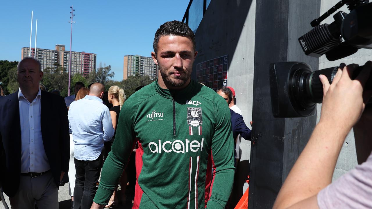 South Sydney's Sam Burgess fronts the media at Redfern Oval. Picture: Brett Costello