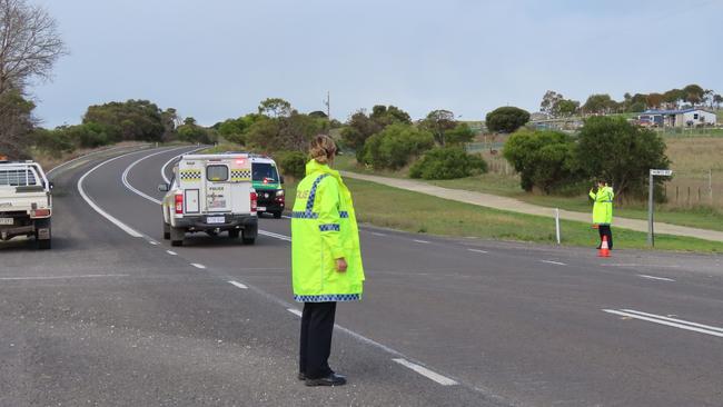 Police and emergency services at the scene of the serious crash at Wye in the Limestone Coast. Picture: Arj Ganesan