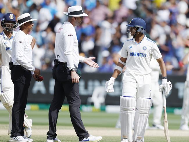 Yashasvi Jaiswal argues with the umpires after DRS overturned his not out decision sending the Indian on his way. Picture: Michael Klein