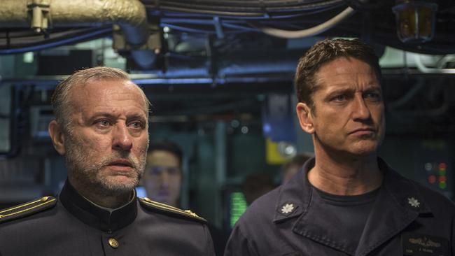 Michael Nyqvist, left, and Gerard Butler in a scene from Hunter Killer. Picture: Jack English/Lionsgate