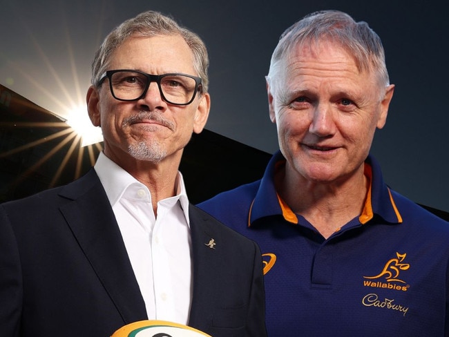 Incoming Wallabies coach Les Kiss and outgoing coach Joe Schmidt.