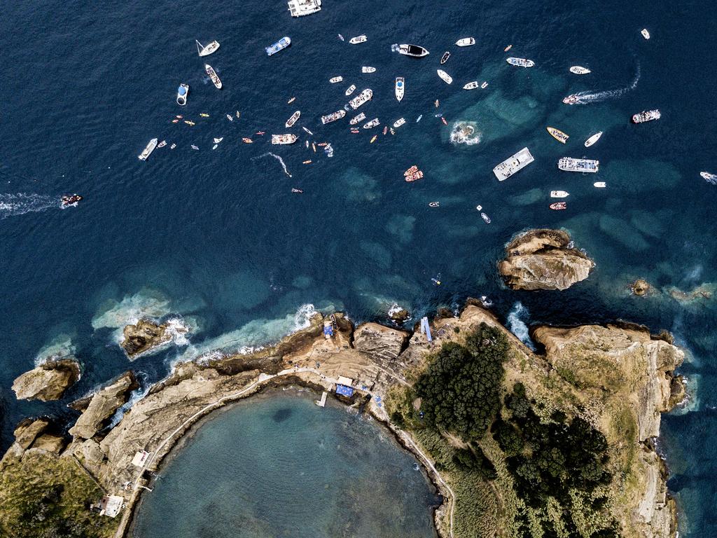 A aerial view of the event venue at Islet Vila Franco do Campo during the final competition day of the third stop of the Red Bull Cliff Diving World Series on July 14, 2018 at Sao Miguel, Azores, Portugal. (Photo by Dean Treml/Red Bull via Getty Images)