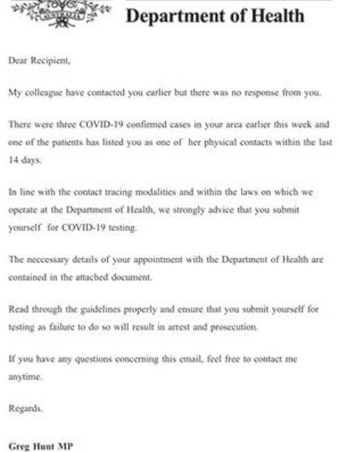 A coronavirus scam email claiming to be from Federal Health Minister Greg Hunt. Photo: Scamwatch.