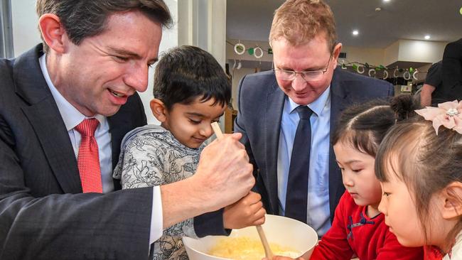 Education Minister Simon Birmingham (left) at a kindergarten. Picture: Peter Rae (AAP)