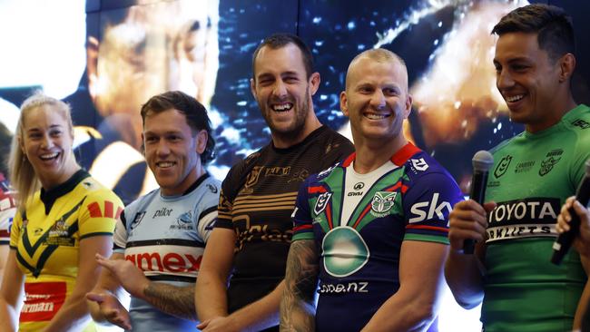 DAILY TELEGRAPH FEBRUARY 26, Captains from left Wigan Warriors Liam Farrell, Australian Jillaroos, Kezie Apps, Sharks Cameron McInnes, Panthers Isaah Yeo, Warriors Mitchell Barnett and Raiders Joseph Tapine at the Las Vegas Week Media Launch at the NRL Fan Hub at Resorts World. Picture: Jonathan Ng