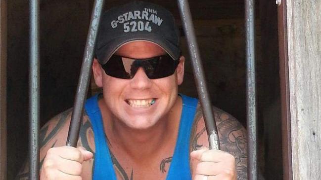 *ID confirmed Rebekah Cavanagh* Fake bikie enforcer Christopher Soutar who went brandished a prop human tongue in a failed standover attempt. Supplied