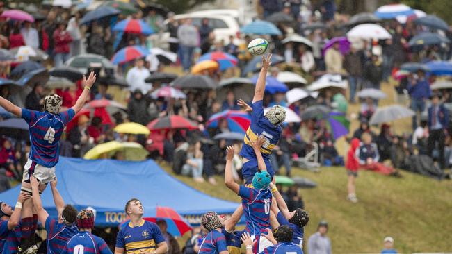 Jarred Hoopert, Grammar takes the ball in the line out. O'Callaghan Cup at Toowoomba Grammar. Saturday, Aug 29, 2015. Photo Nev Madsen / The Chronicle