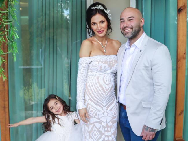 Yummy Mummies star Maria DiGeronimo with fiance Carlos and daughter Valentina at their new baby gender reveal party. Picture: Supplied