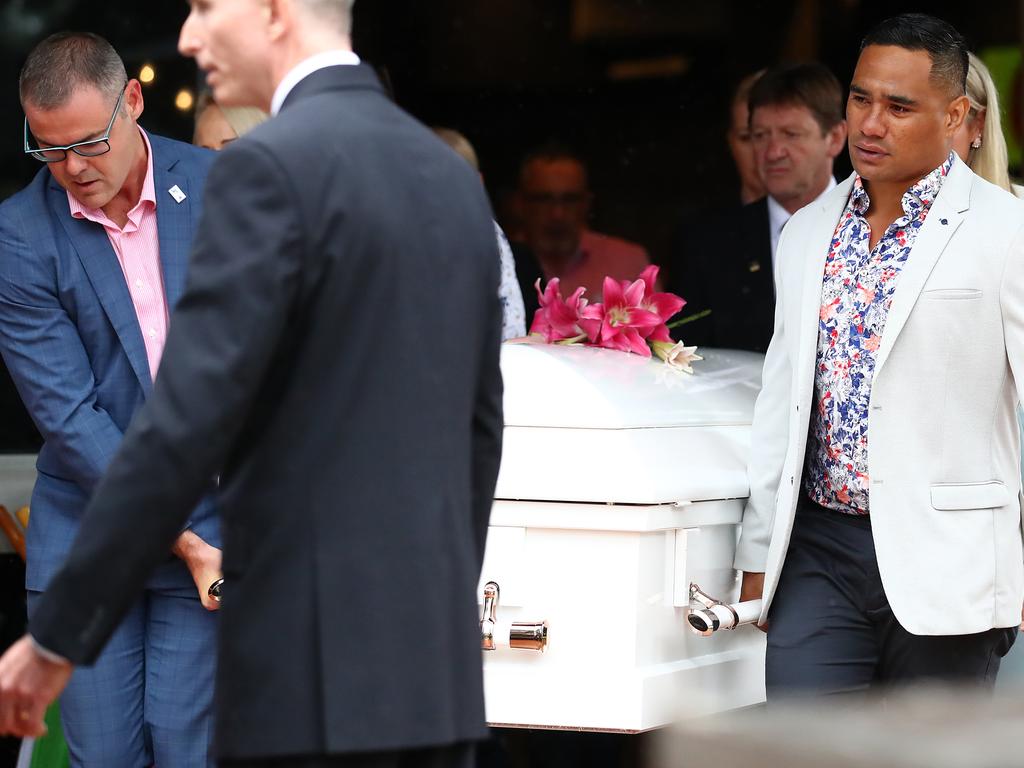 Pallbearers at the funeral for Hannah Clarke and her three children, Aaliyah, Laianah and Trey in Brisbane. Picture: Jono Searle/AAP