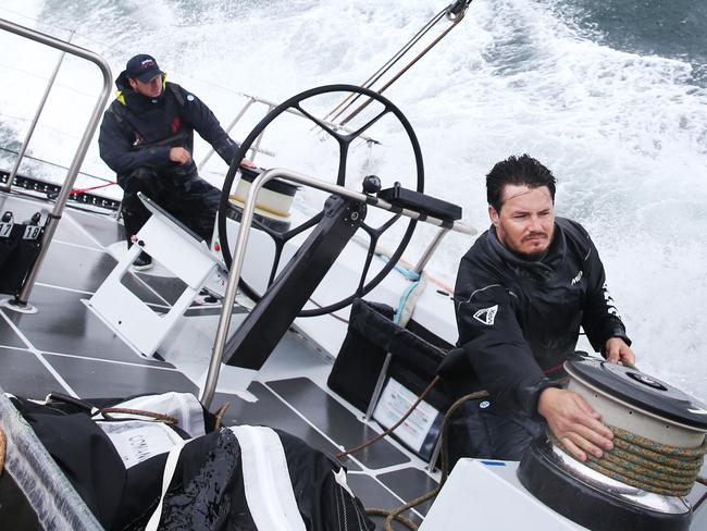 20/12/23: Sailing Master Iain Murray and his crew take  Andoo Comancher for some last minute testing on Sydney Harbour before the Sydney to Hobart. John Feder/The Australian.