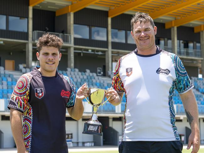 Thomas Clarke from the Indigenous All Stars and Matthew Goodson from the Territory All Stars. Picture Mac Mendoza