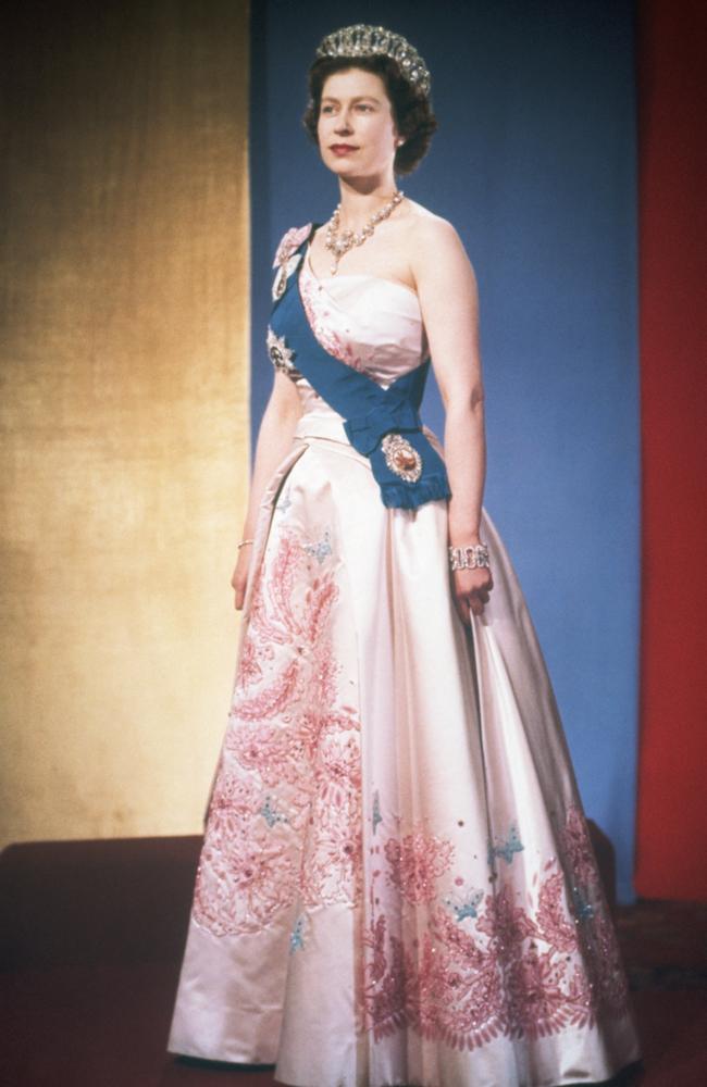 The portrait of Queen Elizabeth II, dressed for a formal occasion.