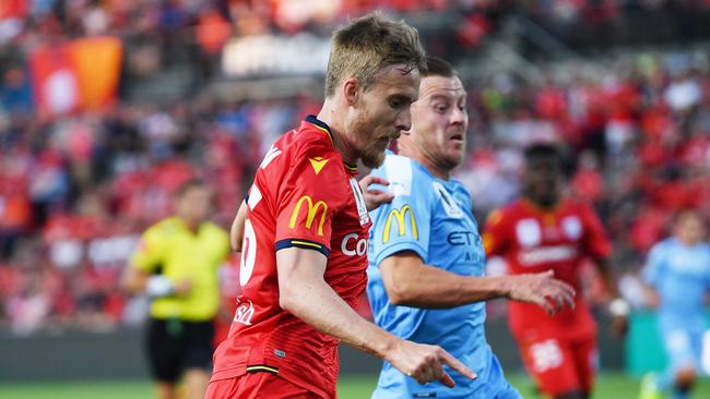 Ben Halloran finished off a brilliant team move for Adelaide United’s second goal. Picture: AAP Image/David Mariuz