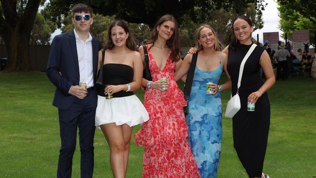 Harry Barker, Gemma ODonnell, Lauren Clark, Leah Stevens and Jessica Hodge attend the Ballarat Cup. Picture: Brendan Beckett