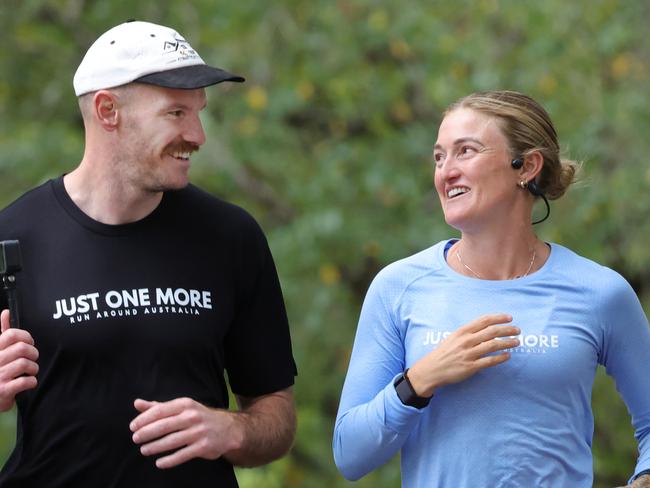 Brooke McIntosh who is currently running 14,080 km around Australia in just 180 days to raise $1 million for mental health charity The Blue Tree Project. she was joined by her Richmond player brother, Kamdyn McIntosh. Tuesday, April 29. 2025. Picture: David Crosling