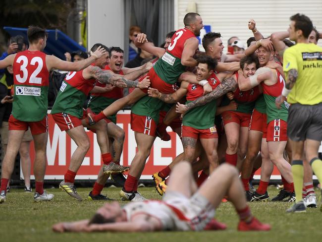 The Pines celebrate after winning the MPNFL Division 1 grand final. Picture: Andy Brownbill.